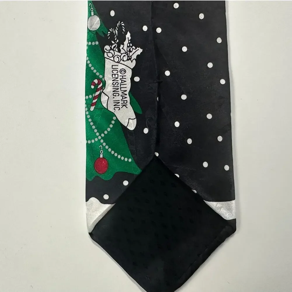 Hallmark Mens Neck Tie Holiday Christmas Black Dotted Santa Tree